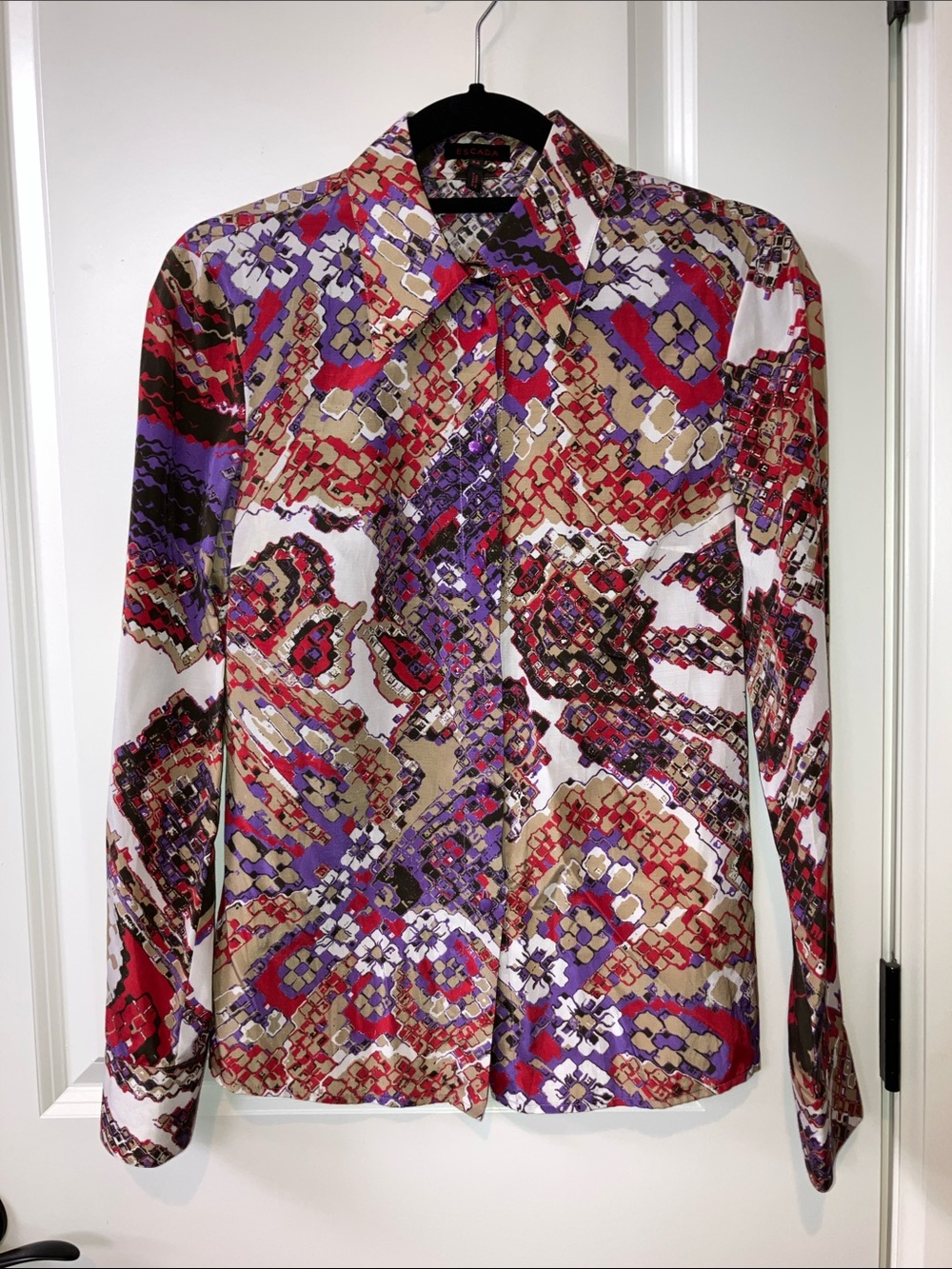 Escada 34 Button Up Blouse geometric purple red tan cream